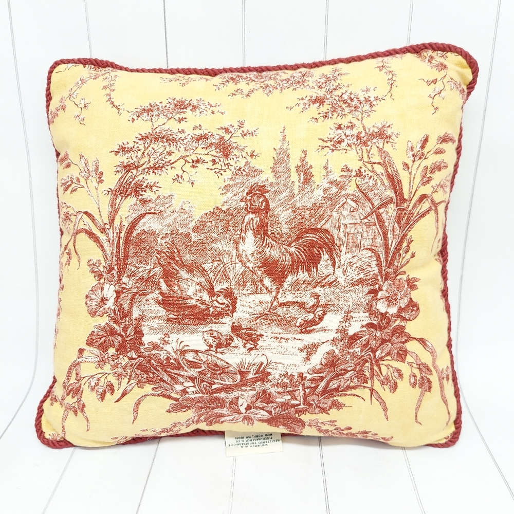 Waverly Yellow and Red Toile Rooster Throw Pillow French Country, Cottage
